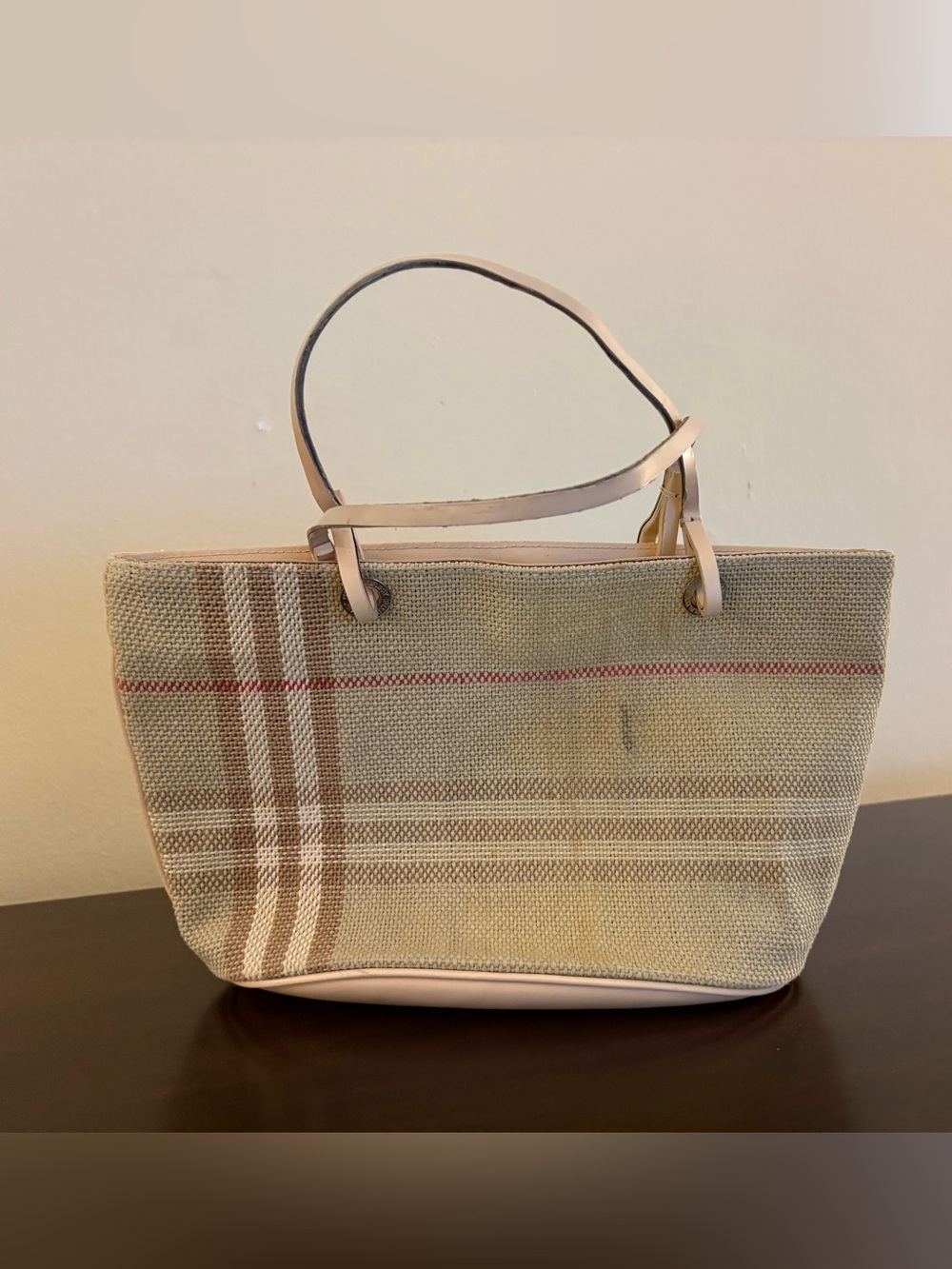 Burberry Beige Canvas Tote Bag with Leather Trim